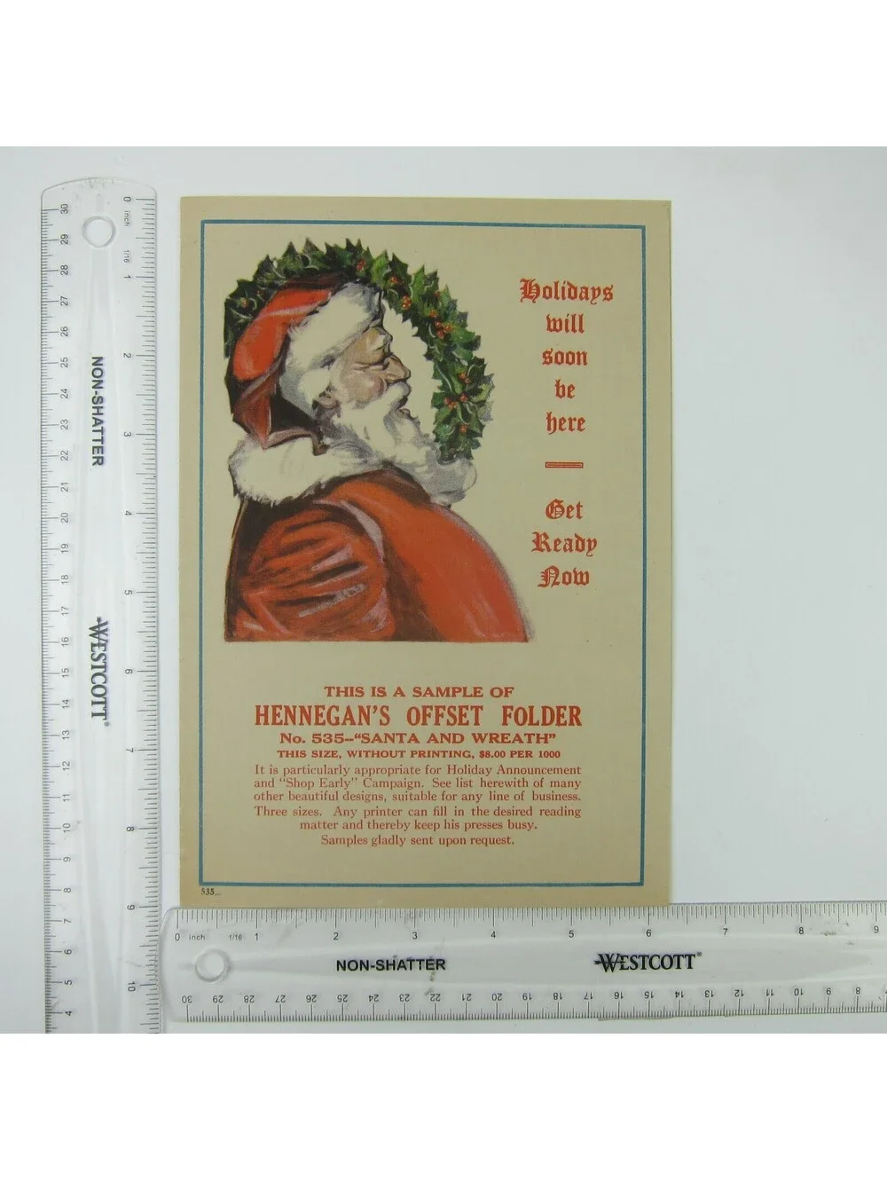 Antique 1920s Christmas Santa Wreath Stationery Ad Sample Hennegan Lithography